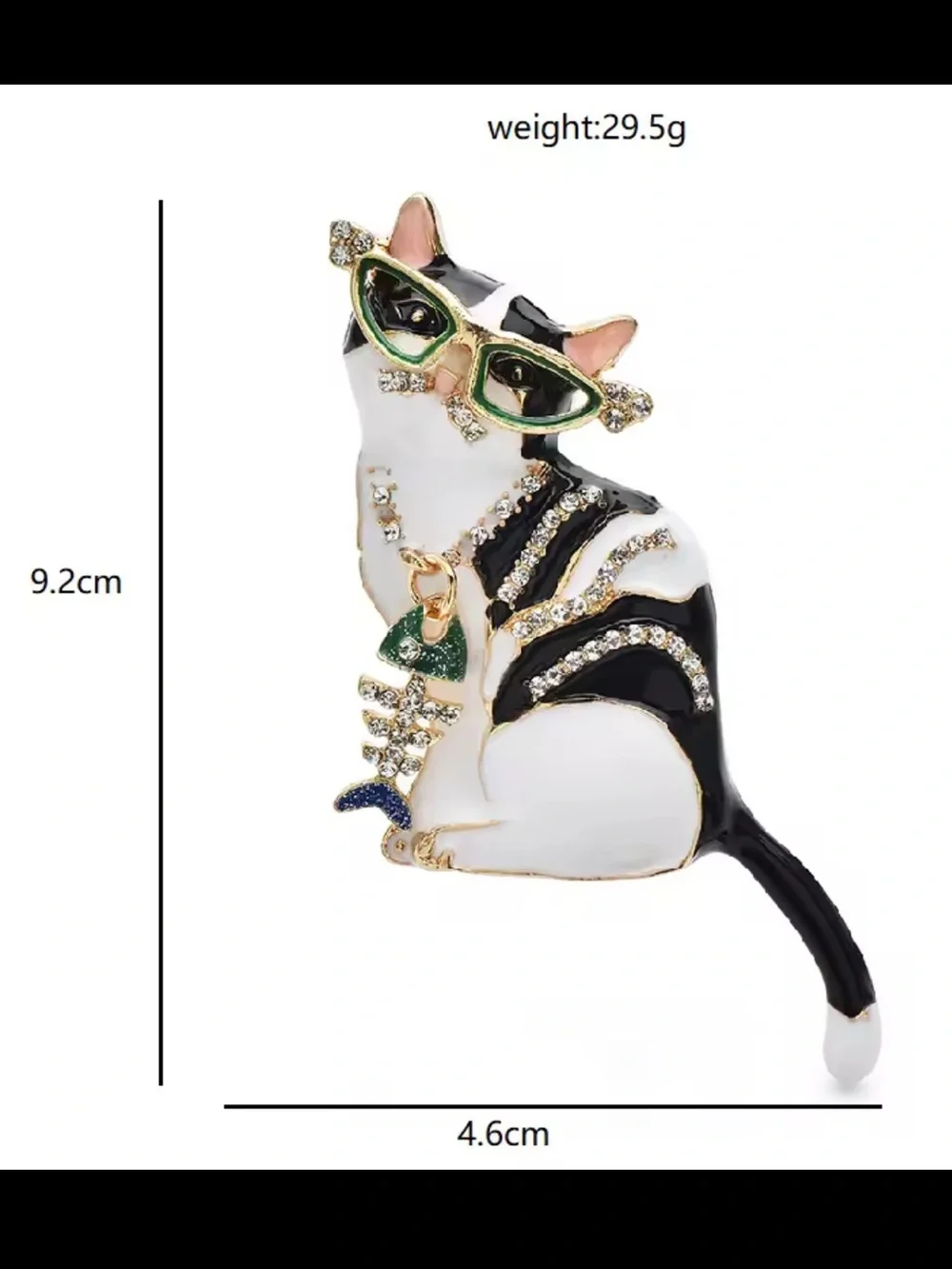 Anthropologie Black White Cat Brooch with Green Glasses and Gold Accents